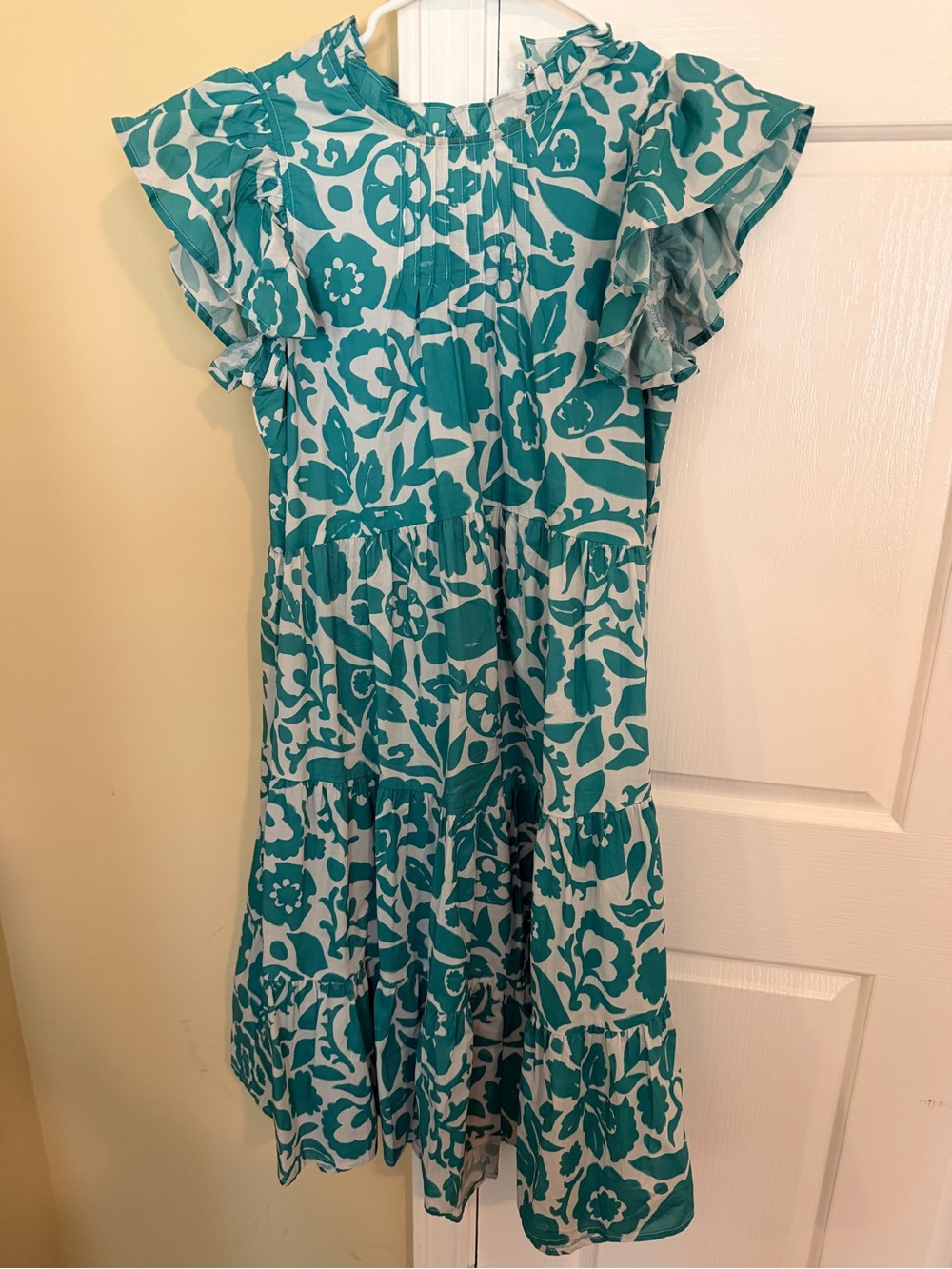 Boutique Teal & White Floral Tiered Ruffle Sleeve Midi Dress Small